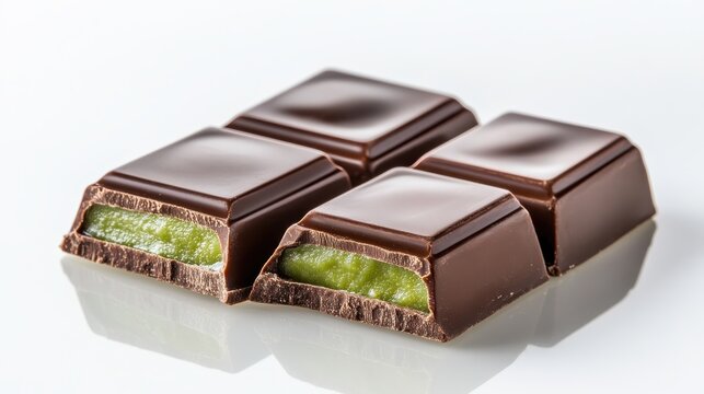 Dubai Chocolate Kunafa Pistachio on white background,Dubai Chocolate bar with green kadayif and pistachio spread,popular and viral chocolate 2024,space for text.