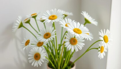 Obraz premium A cluster of daisies in a corner vase, petals unfurled, soft light, cheerful, closeup