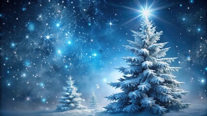 Frosty pine tree with snowflakes gently falling on its branches at night, holiday, starry sky,  holiday