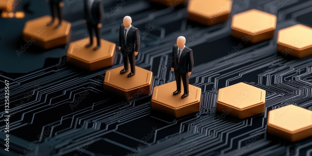 Poster A digital scene featuring miniature figures of business people on hexagonal platforms over a circuit-like background, symbolizing technology and innovation.