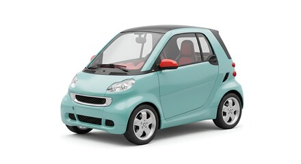 A tiny electric smart car, futuristic and cute, set against a white background