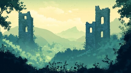 Obraz premium Misty Green Hills with Ancient Stone Ruins