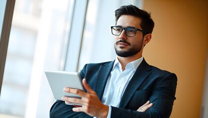 Focused Entrepreneur in contemplation holding digital tablet: A striking image capturing a sharply dressed, bespectacled businessman, deep in thought, clutching a digital tablet.