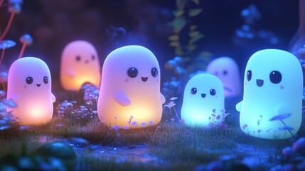 Cute glowing ghosts in a mystical forest at night