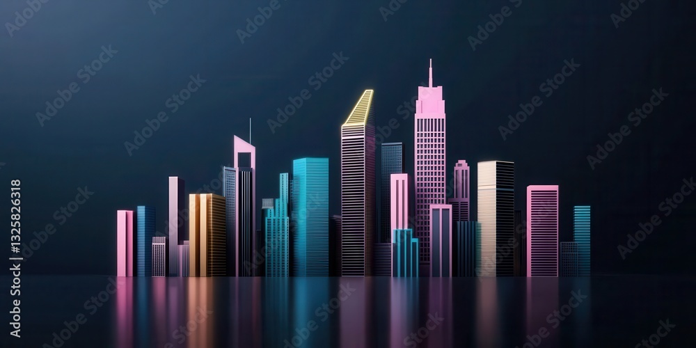Poster a vibrant, stylized city skyline with colorful skyscrapers reflecting on a dark surface, creating a 