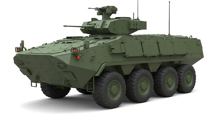 A military armored vehicle with a matte green finish, isolated on white
