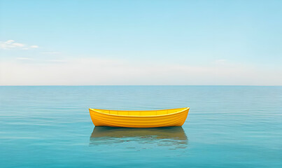 Naklejka premium Bright Yellow Boat Floating on Calm Ocean Water Under Clear Sky
