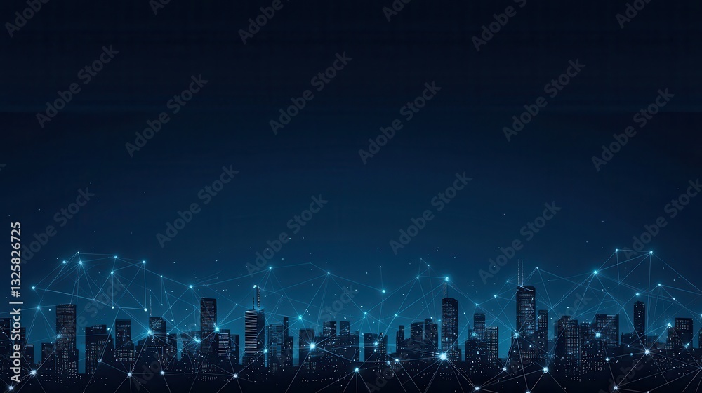 Poster a digital skyline at night with interconnected lines, symbolizing a futuristic cityscape and technol
