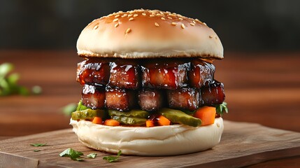 A decadent pork belly burger with crispy pork, hoisin glaze, and pickled vegetables on a steamed bun, captured in ultra HD realism.