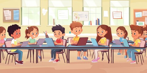 Happy Diverse Kids Learning Technology in Bright Classroom art study young school laptop design     