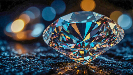 Colorful diamond sparkling with brilliant reflectivity against a dark background.