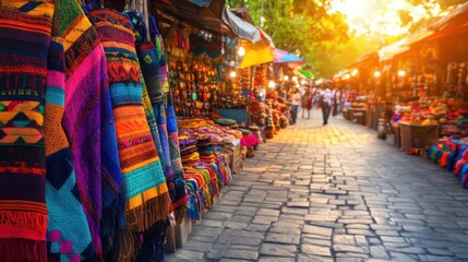 Obraz premium Colorful Handcrafted Textiles at a Vibrant Outdoor Market Scene