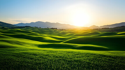 Obraz premium Sunrise Over Lush Green Hills and Distant Mountains