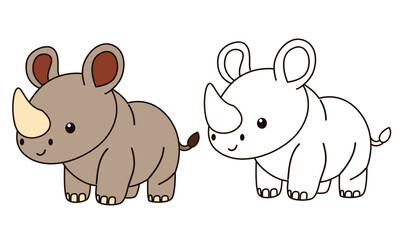 Flat vector illustration for children's coloring book. Cute rhino in black and white and color version. Wild animals of safari and Africa . Vector illustration