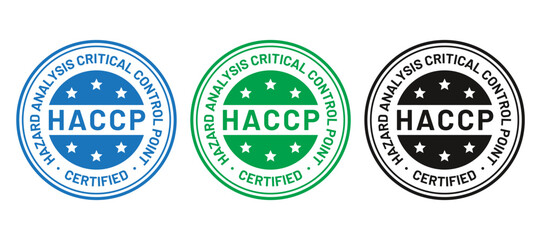 HACCP certified stamp. Hazard analysis and Critical Control Points round emblem. Food safety system badge. Quality warranty icon isolated on white background. Marketing sticker. Vector illustration.