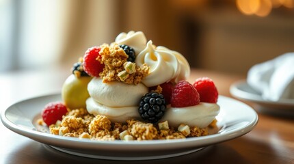 Obraz premium Delicious berry dessert on a white plate with cream, crumb toppings, raspberries and blackberries.