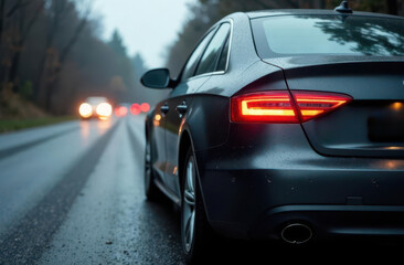 Fototapeta premium Traffic accident involving multiple vehicles on wet roadway during dusk