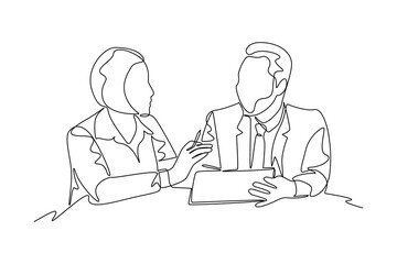 Single continuous line drawing of corporate staff discussion about company finance. Money savings, personal investment, finance, funding, bank deposit, capital accumulation. One line graphic design ve