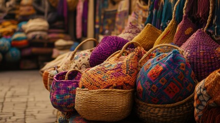 Colorful Handwoven Baskets Displayed in Market Stall at Sunset