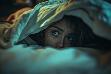 Fearful Woman Hiding Under Blanket Dramatic Night Scene bed dark eyes face photo image alone human  