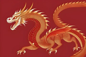 Fototapeta premium ancient art of a asian, chinese, japanese dragon. Red and gold colors. Royalty. Vintage, antique. traditional, culture, mythology, legend, symbol, power, strength, wisdom, heritage, history, ornate