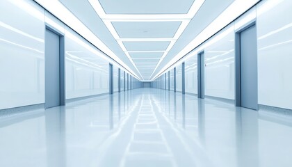 Obraz premium Bright and airy hospital corridor with a sleek contemporary design, showcasing patient rooms with frosted glass doors and futuristic architecture