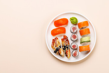 Assorted sushi and maki rolls beautifully arranged on plate