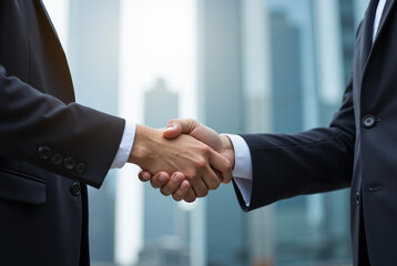 Men shaking hands in front of a city skyline.