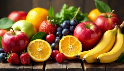 A variety of fresh fruits beautifully arranged on a wooden table, showcasing their vibrant colors and tempting flavors, ripe, fresh