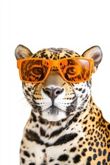 Obraz premium Lively leopard wearing orange sunglasses posing for the camera with a playful expression on a white background, perfect for wildlife and fashion themes.