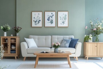 Fototapeta premium Light beige sofa in a modern living room with light green walls, wooden furniture, and floral decor.