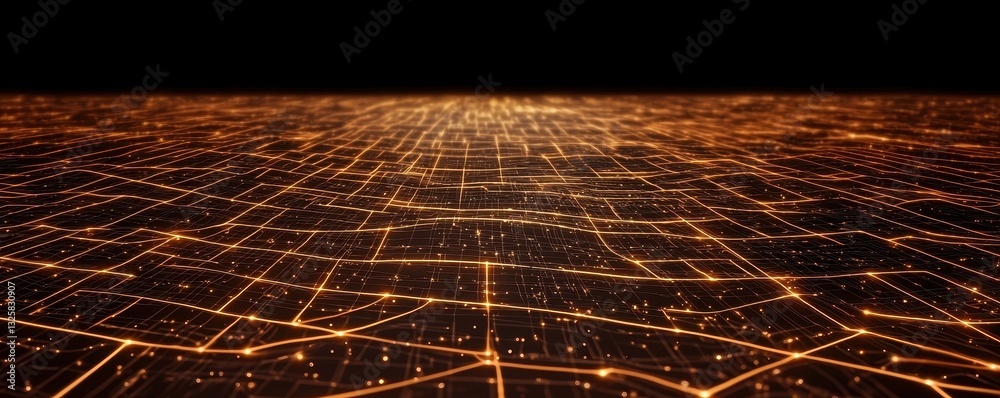 Poster a glowing grid of interconnected lines on a dark background, resembling a digital landscape or netwo