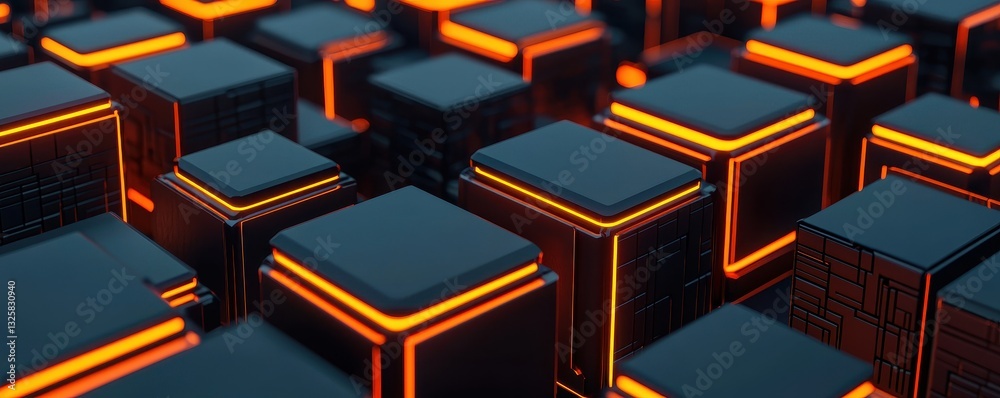 Poster a close-up view of illuminated black cubes with glowing orange edges, creating a futuristic and abst