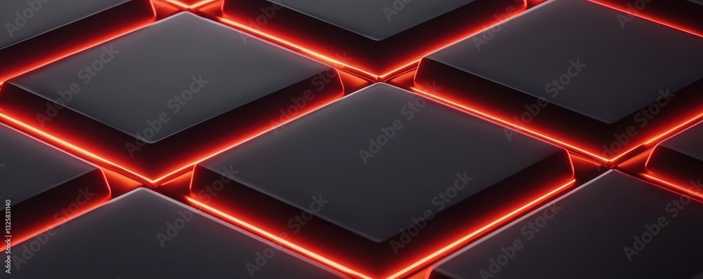 Poster a close-up view of a geometric pattern featuring glossy black tiles outlined with glowing red edges.