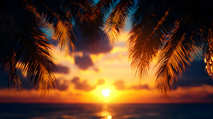 Obraz premium Tropical Sunset Through Palm Trees At Beach