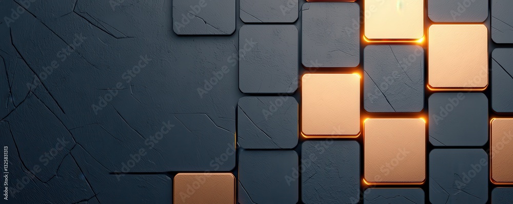 Poster A modern, abstract image featuring dark blocks with a few glowing orange accents, creating a visually striking contrast.