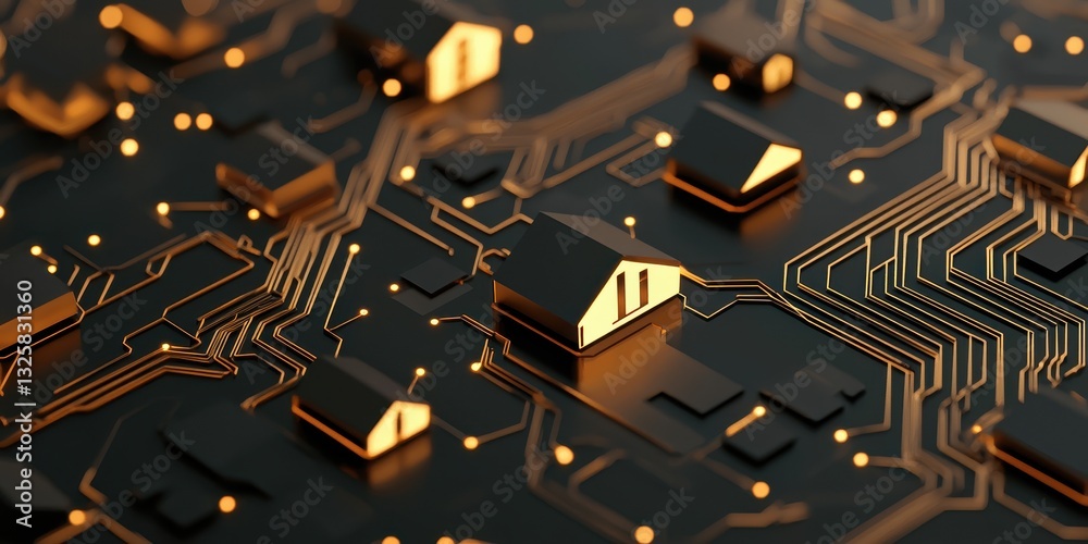 Poster a close-up view of a circuit board featuring golden components shaped like houses, symbolizing the i