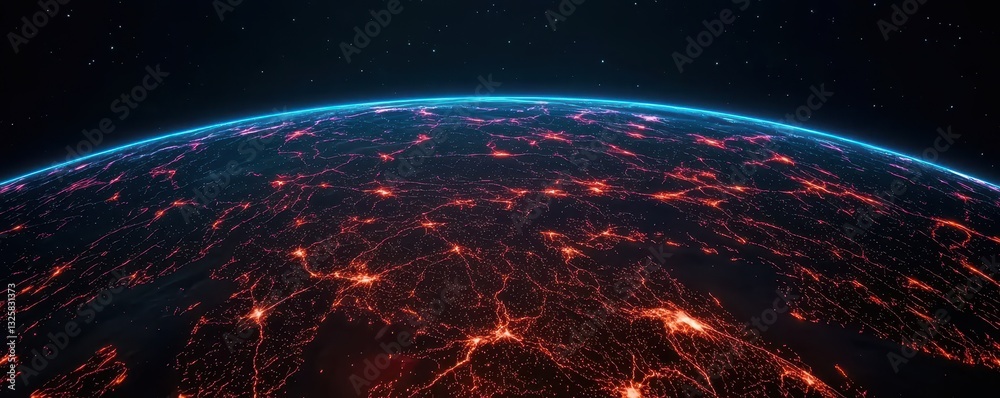 Poster A mesmerizing view of Earth from space, showcasing glowing networks across the surface against a dark backdrop.