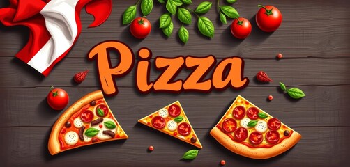 A vibrant vector illustration of an Italian pizza menu banner featuring delicious pizza slices and rustic Italian design elements, background, cooking