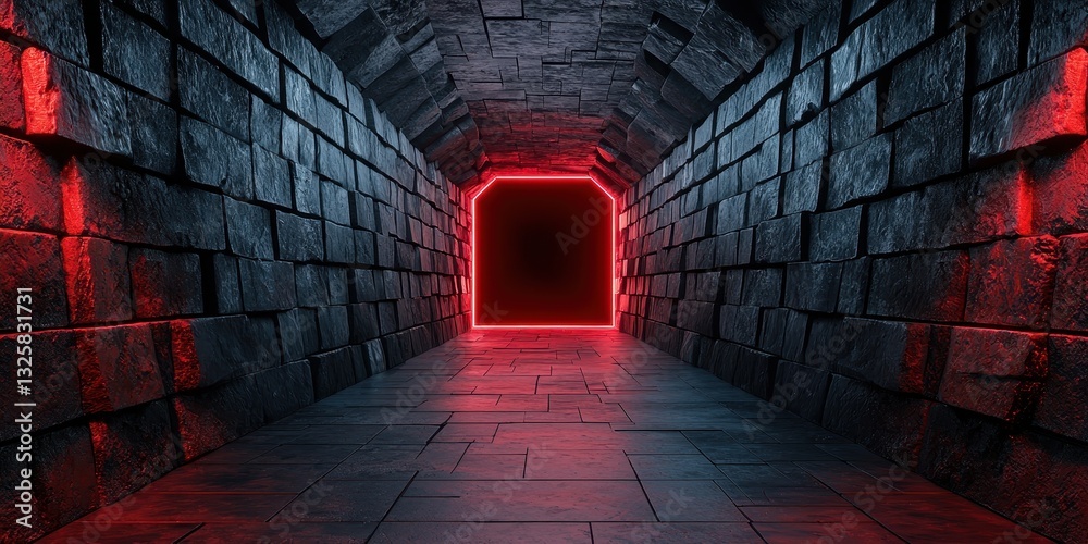 Poster a dimly lit tunnel with stone walls, featuring a glowing red doorway at the end, creating a mysterio