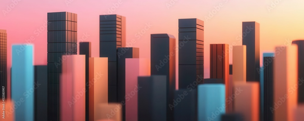Poster a vibrant skyline at sunset, showcasing a blend of modern skyscrapers with colorful lighting against
