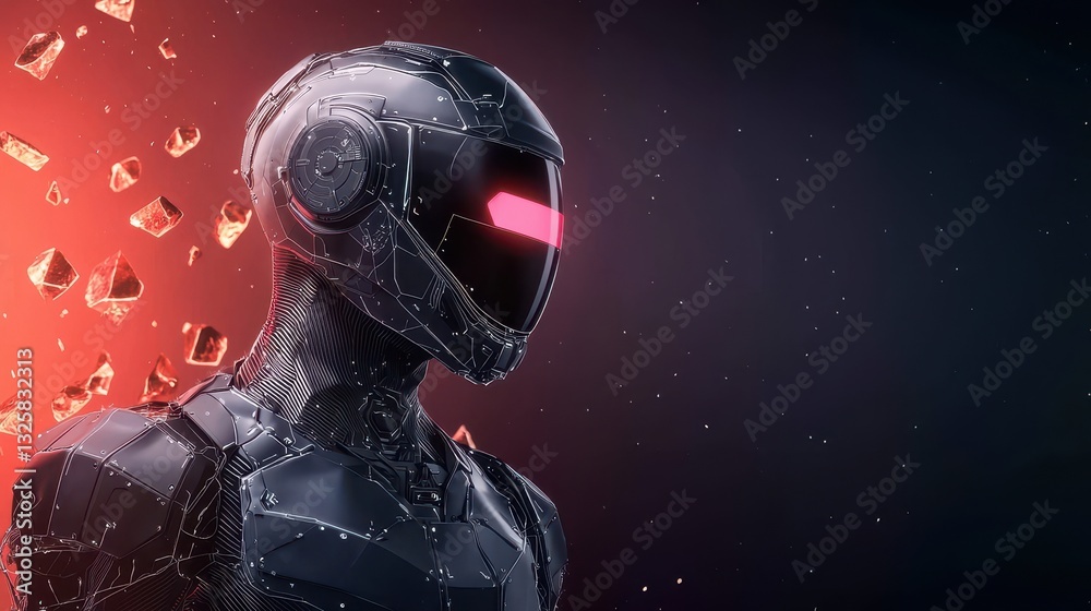 Poster A futuristic robot figure with glowing red eyes, surrounded by fragmented particles, set against a dark, dramatic background.