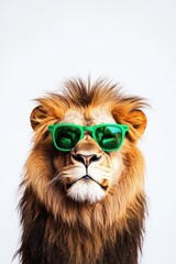 Fototapeta premium Lion wearing green sunglasses looking cool and confident against a plain background, representing wildlife, fashion, and fierce animal personality.