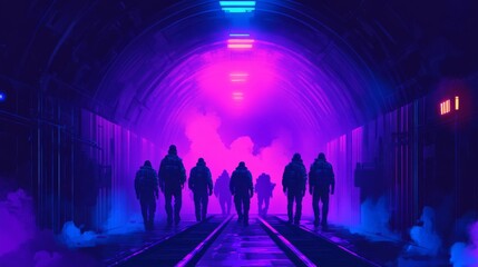 Obraz premium Silhouetted Figures Walking Through a Neon Lit Tunnel