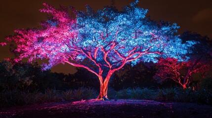 Illuminated Urban Tree at Night with Vibrant Colors and Artistic Lighting in a Scenic Landscape Setting