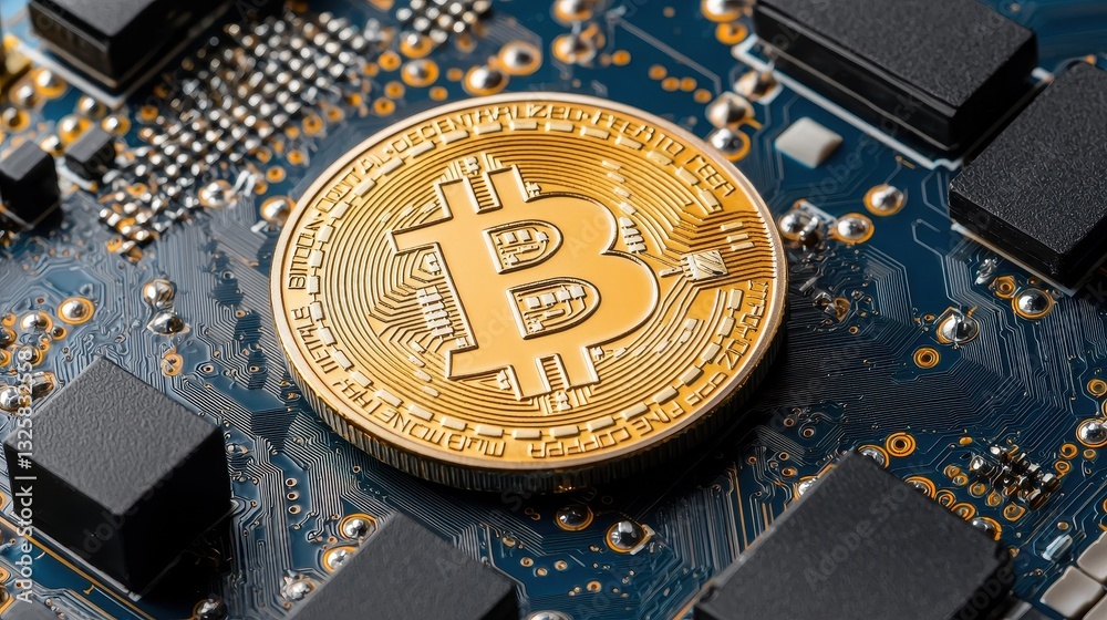 Poster A close-up of a Bitcoin coin set against a circuit board background, symbolizing cryptocurrency and technology.