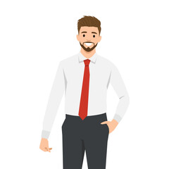 Confident businessman in formal attire stands with a smile, exuding professionalism and charm. Flat vector illustration isolated on white background