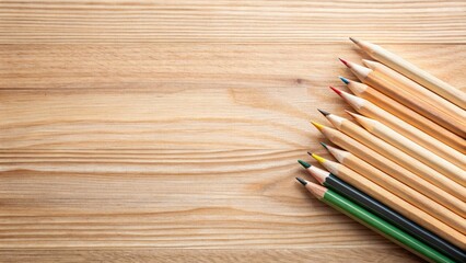 Fototapeta premium Eco-Friendly Stationery Panoramic: Wooden Texture Flat Lay Pencil Photography