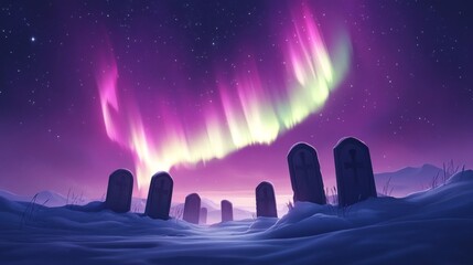 Naklejka premium Aurora Borealis Over Snowy Graveyard at Night