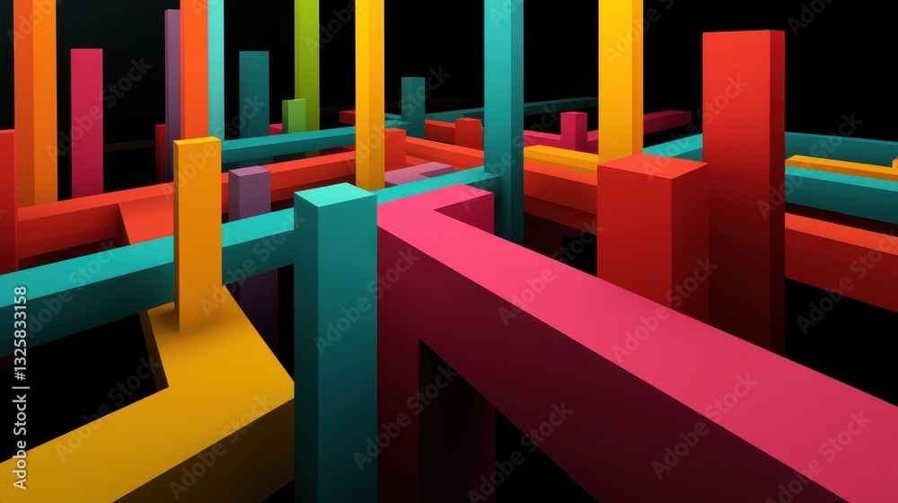 Poster A vibrant abstract 3D composition featuring colorful geometric shapes intersecting against a dark background.